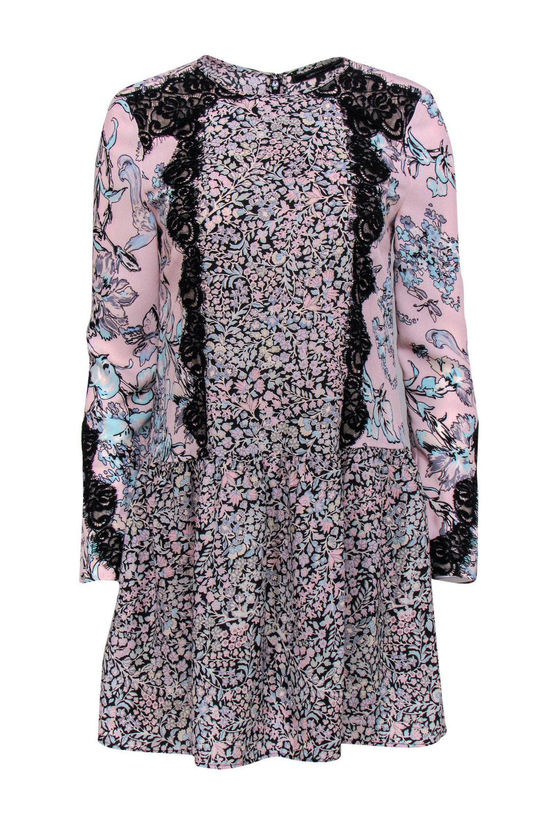 Bcbgmaxazria Dresses | Bcbgmaxazria Bryanne Dress Long Sleeve Drop Waist Tunic Mini Lace Trim Xs | Color: Black/Pink | Size: Xs