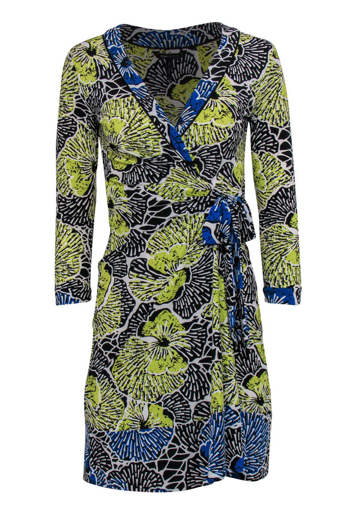 BCBG Max Azria - Yellow, Black & Blue Tropical Floral Print Wrap Dress