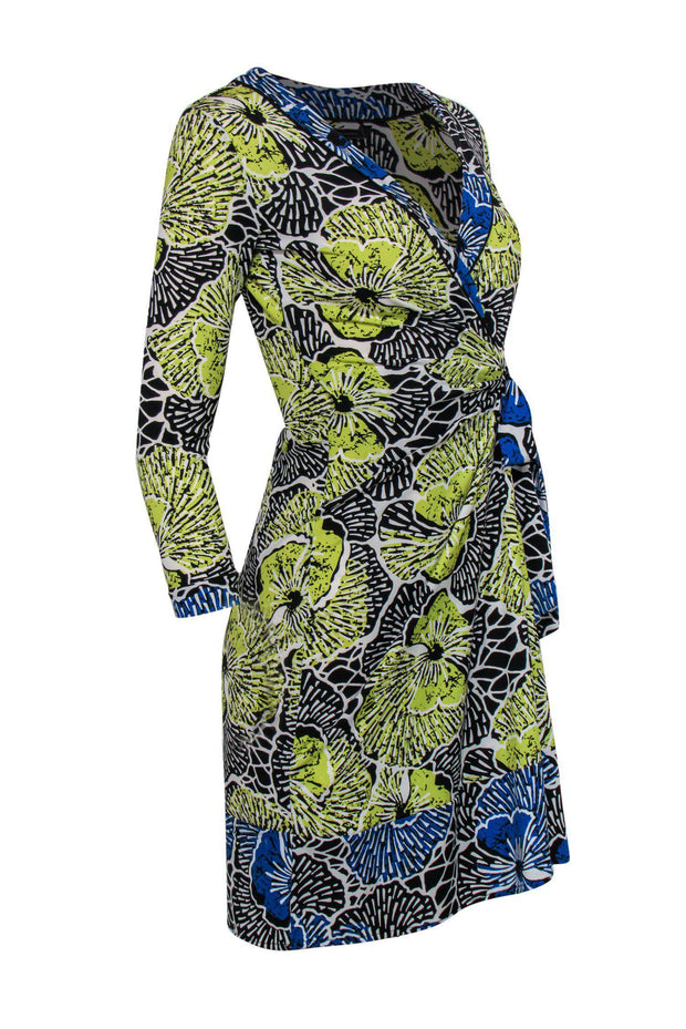 BCBG Max Azria - Yellow, Black & Blue Tropical Floral Print Wrap Dress BCBG Max Azria - Yellow, Black & Blue Tropical Floral Print Wrap Dress