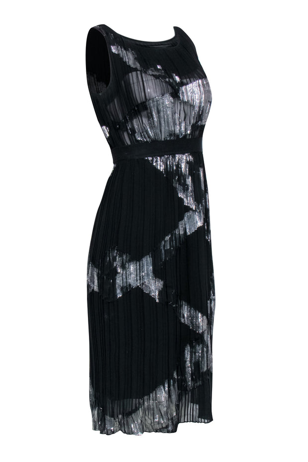 BCBG Max Azria - Black & Silver Print Pleated Sleeveless Dress Sz XXS BCBG Max Azria - Black & Silver Print Pleated Sleeveless Dress Sz XXS
