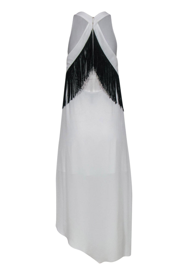 BCBG Max Azria - White High-Low Open Back Maxi Dress w/ Fringe Detail BCBG Max Azria - White High-Low Open Back Maxi Dress w/ Fringe Detail