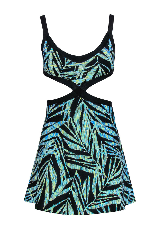BCBG Max Azria - Black & Green Leaf Print Knit Mini Dress w/ Cutouts Sz XXS BCBG Max Azria - Black & Green Leaf Print Knit Mini Dress w/ Cutouts Sz XXS