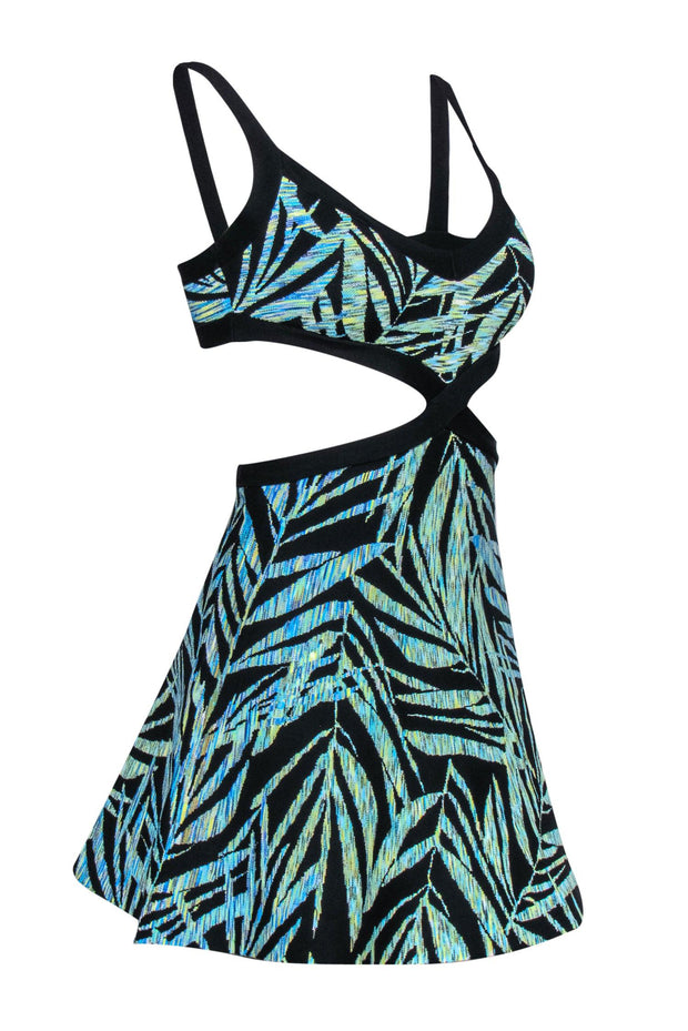 BCBG Max Azria - Black & Green Leaf Print Knit Mini Dress w/ Cutouts Sz XXS BCBG Max Azria - Black & Green Leaf Print Knit Mini Dress w/ Cutouts Sz XXS