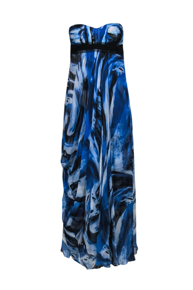 BCBG Max Azria - Blue, White & Black Marbled Strapless Silk Maxi Dress Sz 0 BCBG Max Azria - Blue, White & Black Marbled Strapless Silk Maxi Dress Sz 0