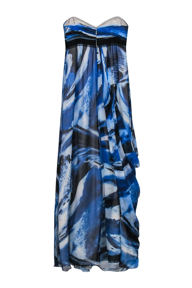 BCBG Max Azria - Blue, White & Black Marbled Strapless Silk Maxi Dress Sz 0 BCBG Max Azria - Blue, White & Black Marbled Strapless Silk Maxi Dress Sz 0