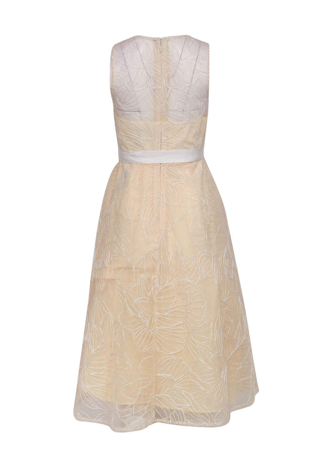 BCBG Max Azria - Cream Midi Dress w/ Metallic Floral Embroidered Tulle Overlay Sz 2 BCBG Max Azria - Cream Midi Dress w/ Metallic Floral Embroidered Tulle Overlay Sz 2