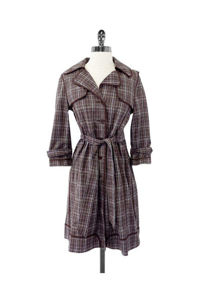 Current Boutique-BCBG Max Azria - Brown & Blue Plaid Cotton Trench Coat Sz S