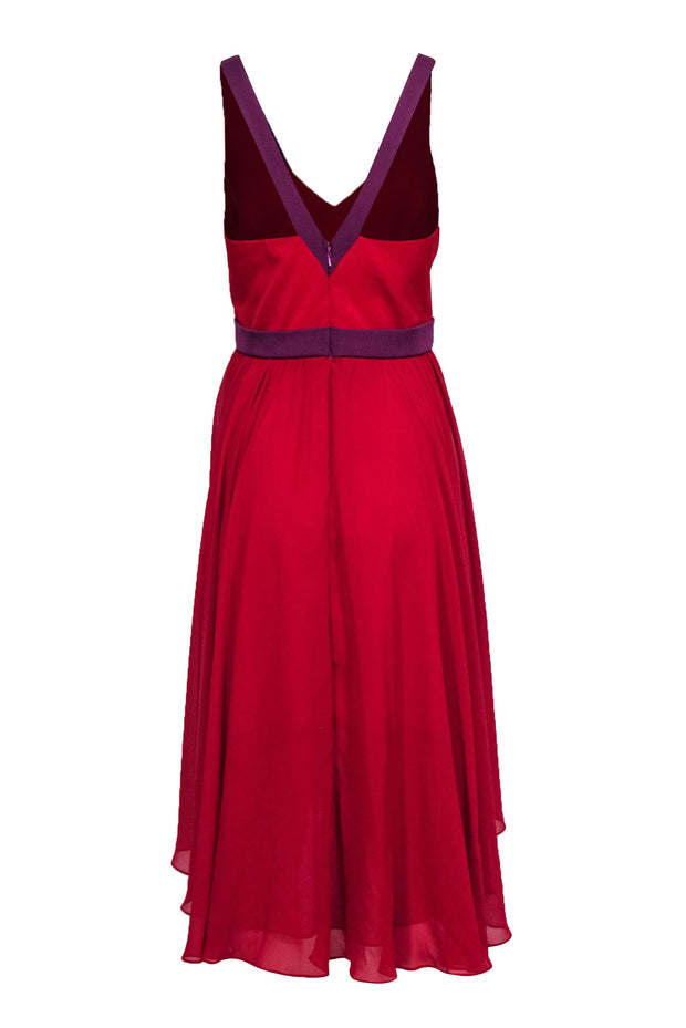 Black Halo - Red & Purple Contrast Trim High Low Cocktail Dress w/ Fitted Bodice & Flowy Skirt Sz 10 Black Halo - Red & Purple Contrast Trim High Low Cocktail Dress w/ Fitted Bodice & Flowy Skirt Sz 10