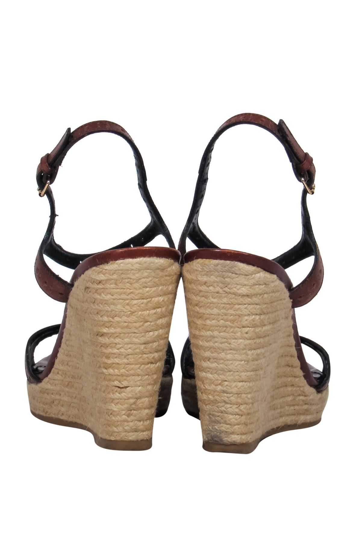 Current Boutique-Burberry - Brown Eyelet Leather & Tartan Print T-Strap Woven Wedges Sz 11