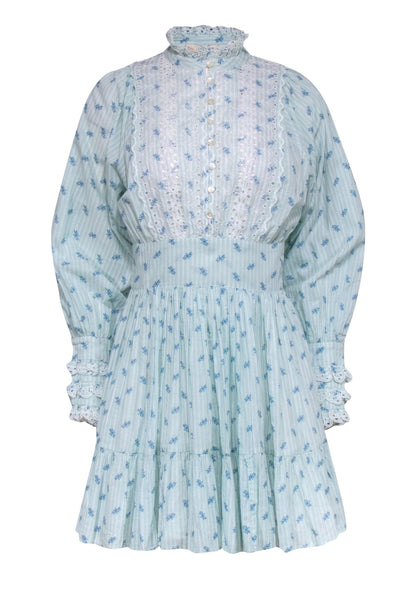 Current Boutique-byTimo - Blue Floral Long Sleeve w/ Eyelet Lace Detail Dress Sz XS