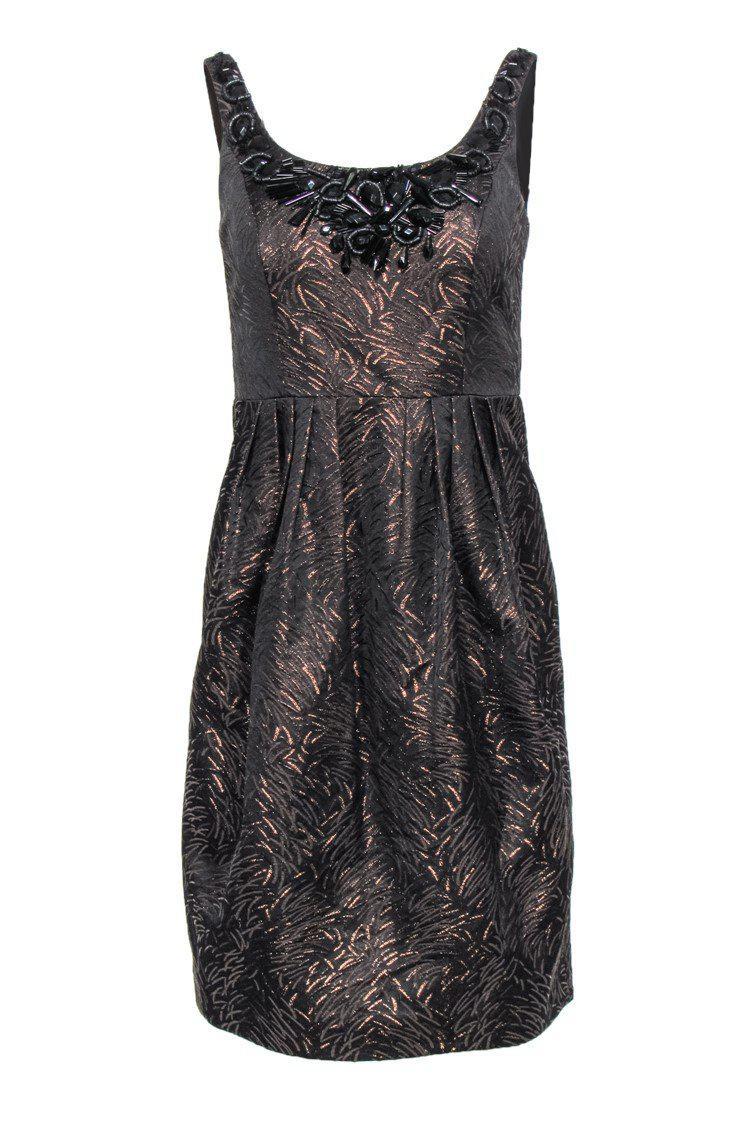Carmen Marc Valvo - Brown & Bronze Metallic Shift Dress w/ Jeweled Neckline Sz 2 Carmen Marc Valvo - Brown & Bronze Metallic Shift Dress w/ Jeweled Neckline Sz 2