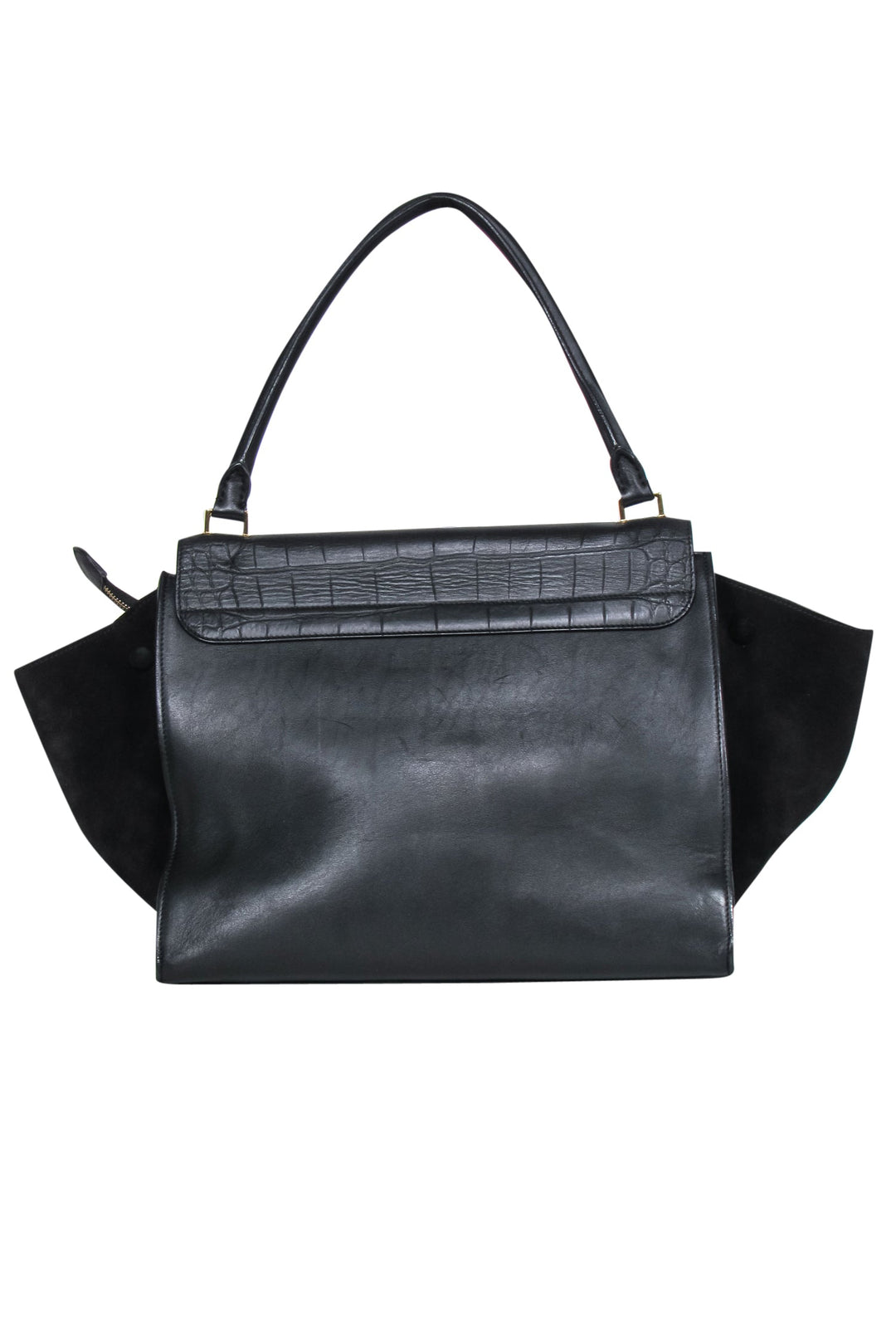 Celine Black Leather Reptile Embossed Fold-Over Handbag
