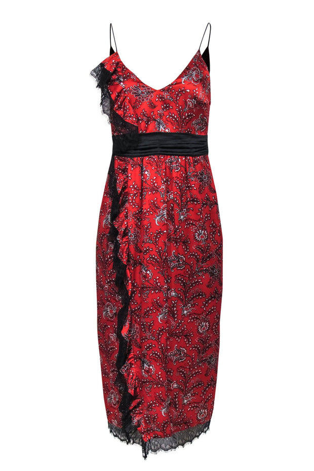 Cinq a Sept - Red Floral Paisley Satin Slip Dress w/ Ruffled Lace Sz 4 Cinq a Sept - Red Floral Paisley Satin Slip Dress w/ Ruffled Lace Sz 4