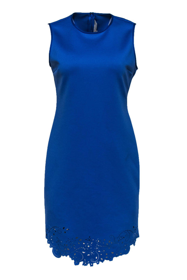 Clover Canyon - Blue Scuba Knit Sheath Dress w/ Laser Cutouts Sz L Clover Canyon - Blue Scuba Knit Sheath Dress w/ Laser Cutouts Sz L