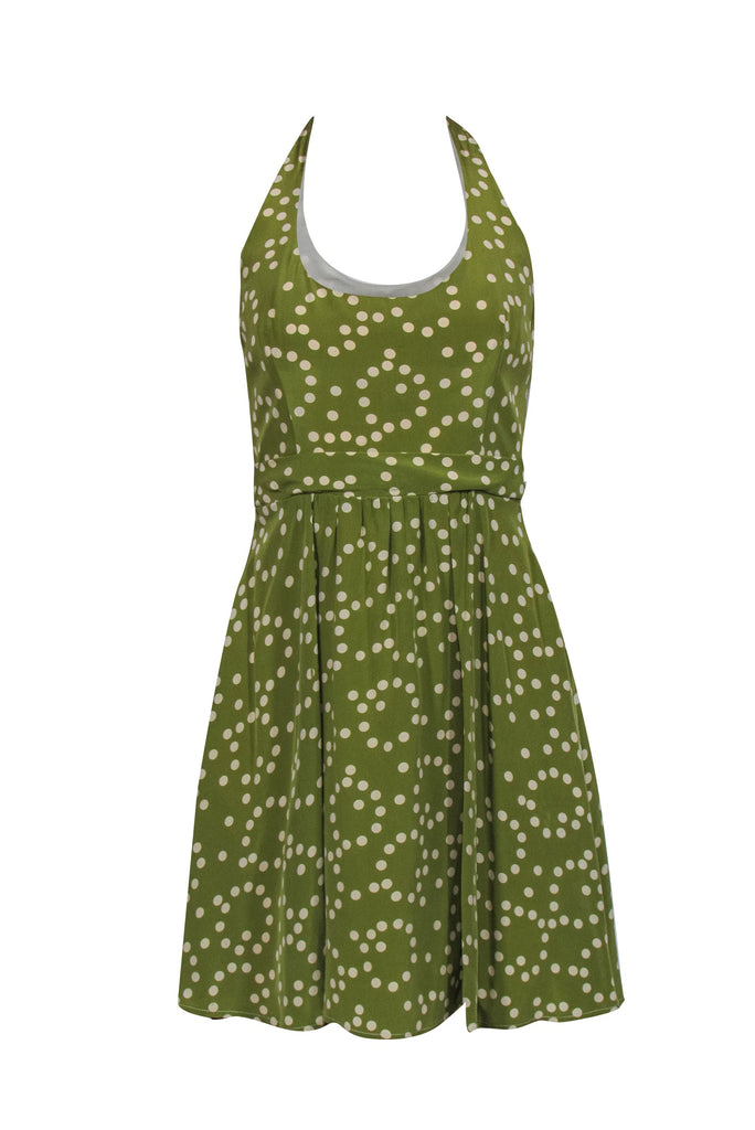 Corey Lynn Calter - Pea Green & Cream Polka Dot Halter Mini Dress Sz 6 Corey Lynn Calter - Pea Green & Cream Polka Dot Halter Mini Dress Sz 6
