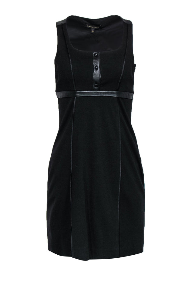 Cynthia Steffe - Black Babydoll Leather Trim Dress w/ Lace-Up Back Sz 2 Cynthia Steffe - Black Babydoll Leather Trim Dress w/ Lace-Up Back Sz 2