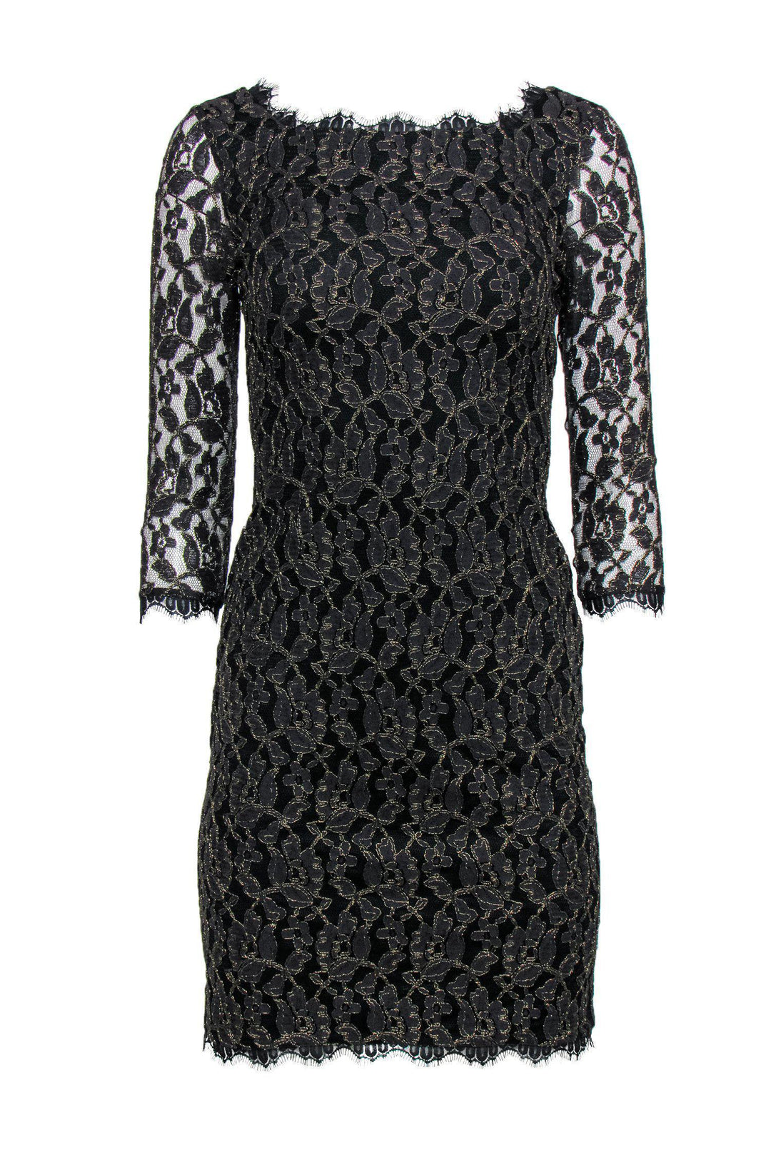 Diane von Furstenberg - Black & Gold Lace Sheath Dress Sz 2