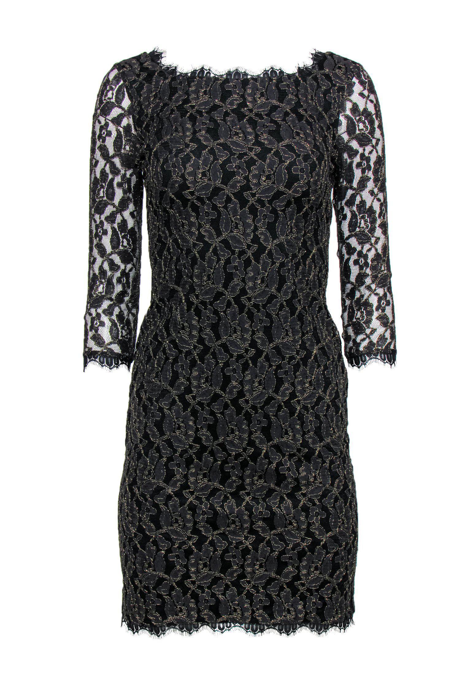 Diane von Furstenberg - Black & Gold Lace Sheath Dress Sz 2