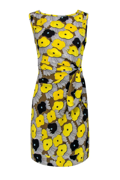 Current Boutique-Diane von Furstenberg - Yellow & Multicolor Printed Silk Sheath Dress w/ Tie Sz 4
