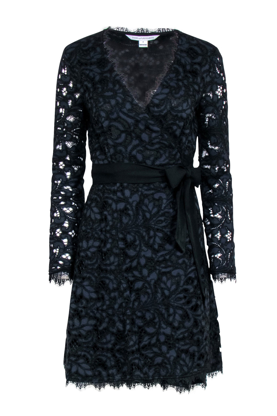 Diane von Furstenberg Black Navy Lace Wrap Dress Sz