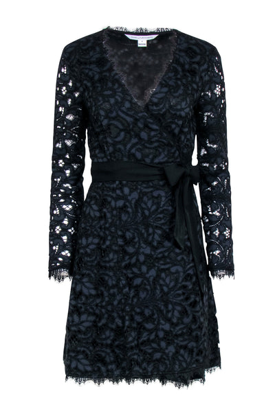 Diane von Furstenberg Black Navy Lace Wrap Dress Sz