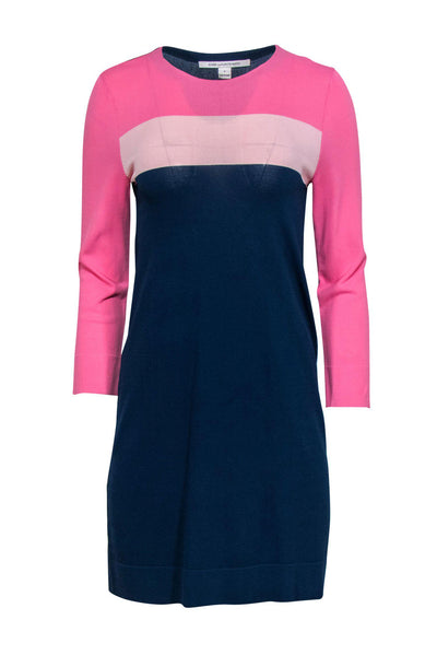 Current Boutique-Diane von Furstenberg - Pink & Navy Colorblock Knit Shift Dress Sz S