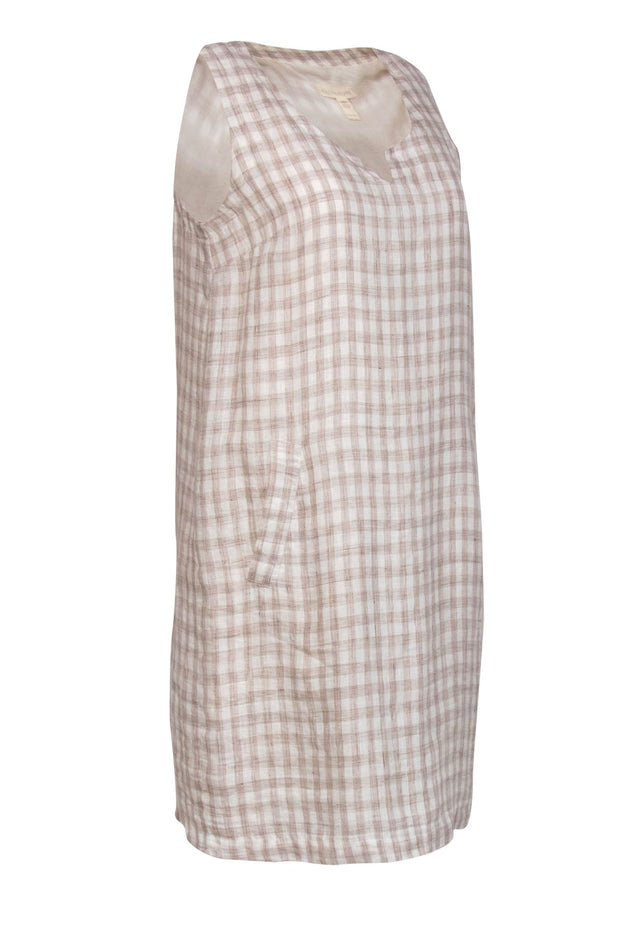 Eileen Fisher - Cream Gingham Linen Shift Dress Sz XS Eileen Fisher - Cream Gingham Linen Shift Dress Sz XS