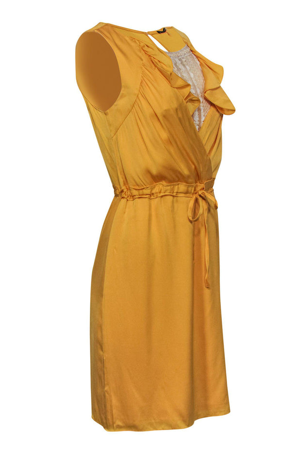 Current Boutique-Elie Tahari - Yellow Ruffle Sleeveless Tie Waist Dress w/ Lace Paneling Sz 6