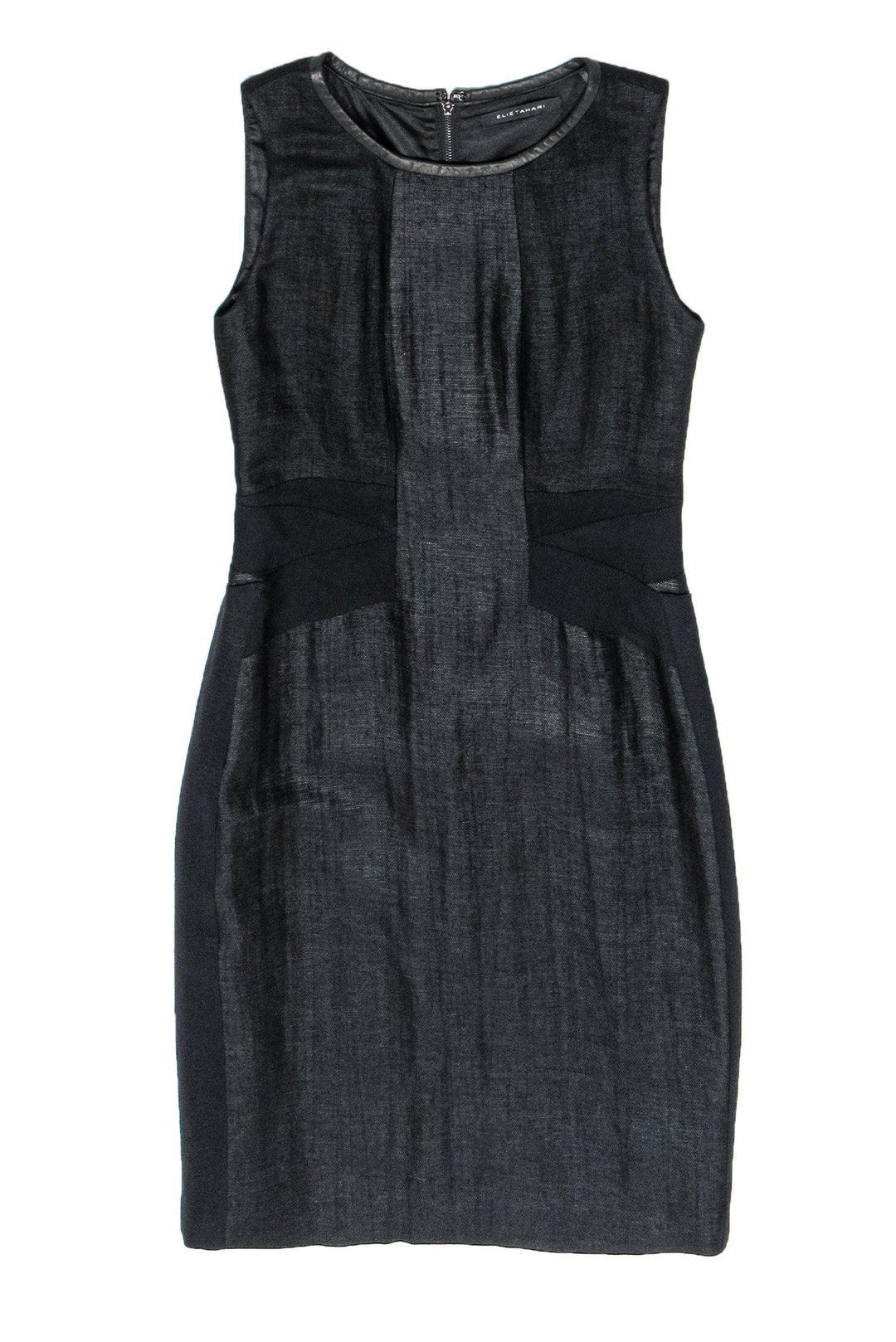 Elie Tahari - Black Shiny Sleeveless Sheath Dress w/ Leather Trim Sz S Elie Tahari - Black Shiny Sleeveless Sheath Dress w/ Leather Trim Sz S