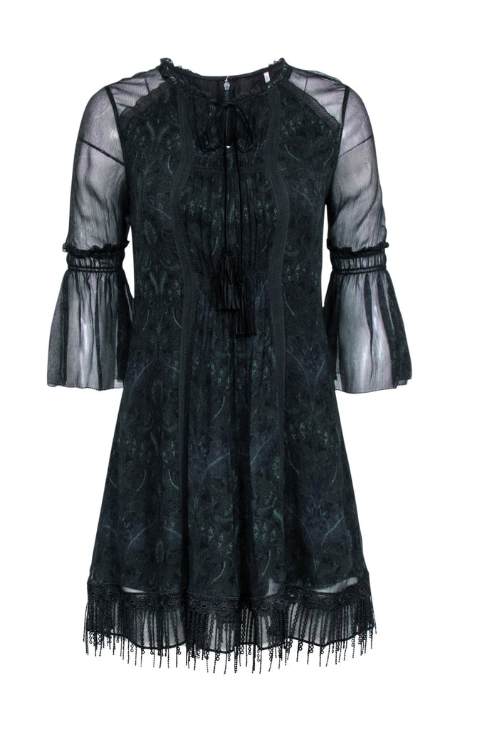 Elie Tahari - Black & Green A-Line Bell Sleeve Dress Sz 2 Elie Tahari - Black & Green A-Line Bell Sleeve Dress Sz 2