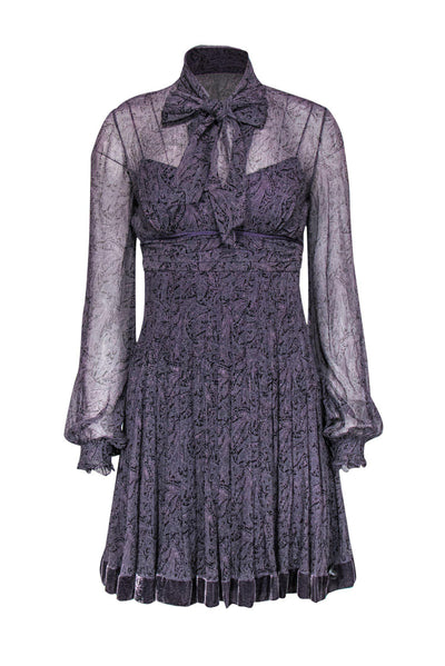 Elie Tahari - Purple Printed Sheer Silk Shift Dress w/ Velvet Trim Sz Elie Tahari - Purple Printed Sheer Silk Shift Dress w/ Velvet Trim Sz