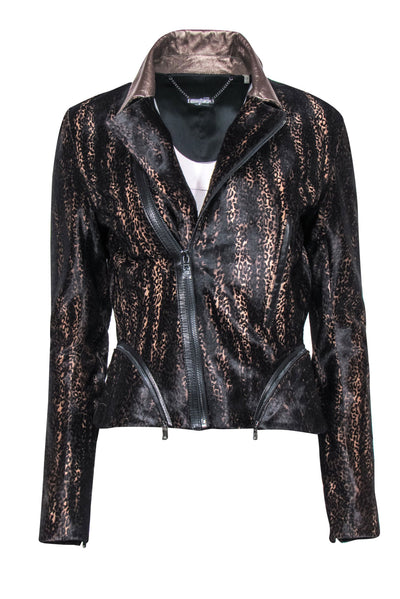 Elie Tahari - Brown Leopard Print Calf Hair Moto Jacket w/ Leather Tri Elie Tahari - Brown Leopard Print Calf Hair Moto Jacket w/ Leather Tri