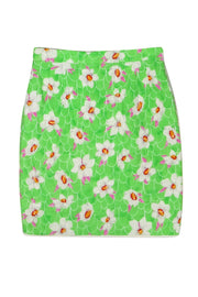 Current Boutique-Emanuel Ungaro - Vintage Lime Green Floral Print Pencil Skirt w/ Stitching Sz 8