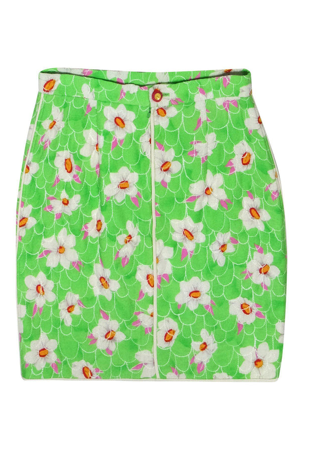 Current Boutique-Emanuel Ungaro - Vintage Lime Green Floral Print Pencil Skirt w/ Stitching Sz 8