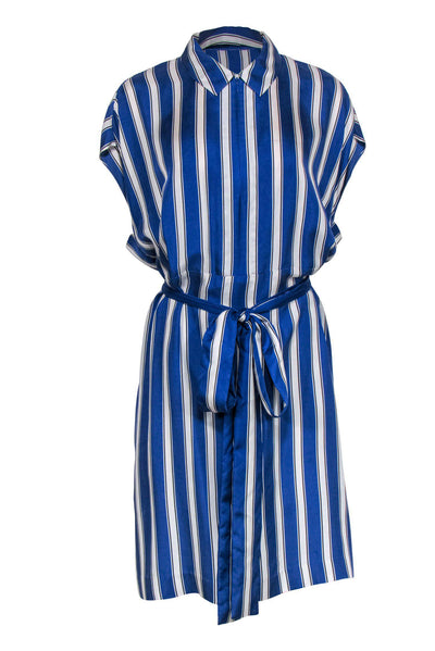 Escada - Blue & White Striped Sleeveless Belted Silk Shirt Dress Sz L Escada - Blue & White Striped Sleeveless Belted Silk Shirt Dress Sz L