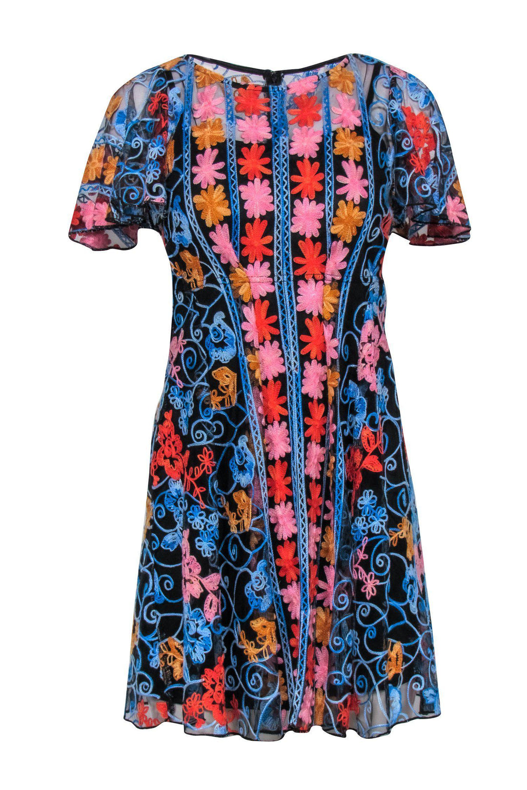 Eva Franco - Black & Multicolor Floral Embroidered Short Sleeve Fit & Flare Dress Sz 0