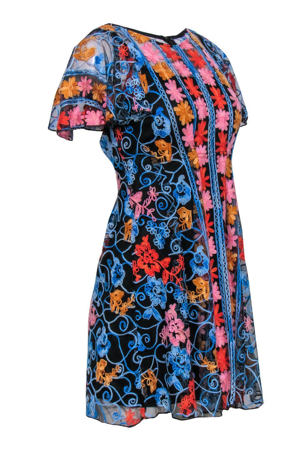 Eva Franco - Black & Multicolor Floral Embroidered Short Sleeve Fit & Flare Dress Sz 0 Eva Franco - Black & Multicolor Floral Embroidered Short Sleeve Fit & Flare Dress Sz 0