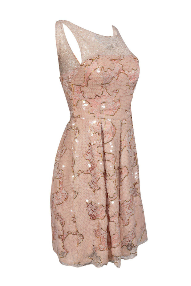 eva franco rosa lace dress Anthropologie Eva Franco Baby Pink Completely Laser Cut Lace Palm Leaf Knee High Dress (2)