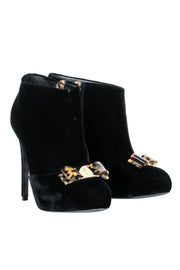 Current Boutique-Ferragamo – Black Suede Stiletto Heel w/ Tortoise Bow Booties Sz 7.5