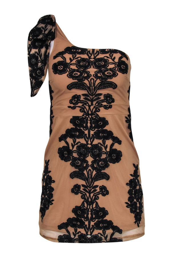 For Love & Lemons - Tan & Black Embroidered One-Shoulder Bodycon Dress For Love & Lemons - Tan & Black Embroidered One-Shoulder Bodycon Dress