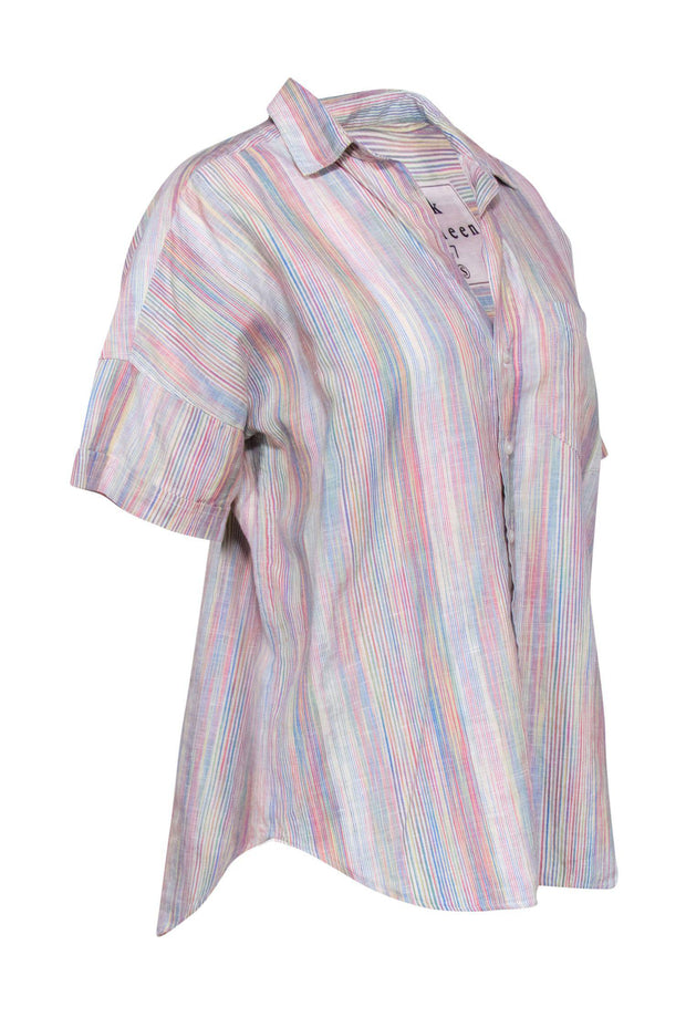 Current Boutique-Frank & Eileen - White & Multicolored Pastel Striped Button-Up Blouse Sz S