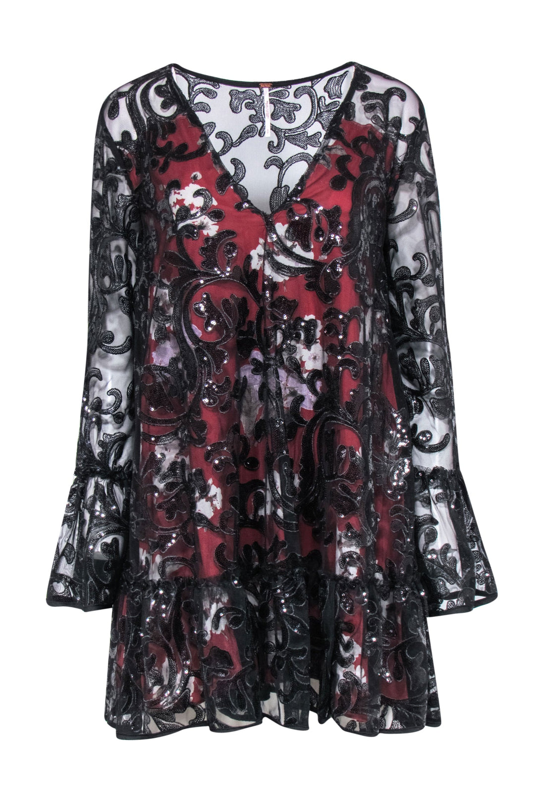 Free People - Red Floral Babydoll Dress w/ Black Lace Sequin Overlay S Free People - Red Floral Babydoll Dress w/ Black Lace Sequin Overlay S