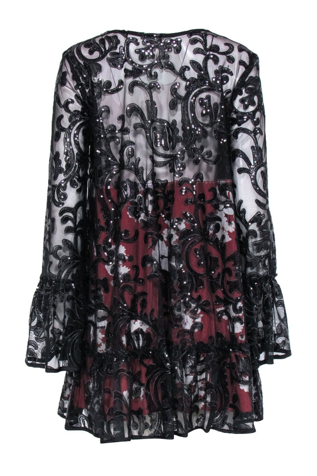 Free People - Red Floral Babydoll Dress w/ Black Lace Sequin Overlay S Free People - Red Floral Babydoll Dress w/ Black Lace Sequin Overlay S