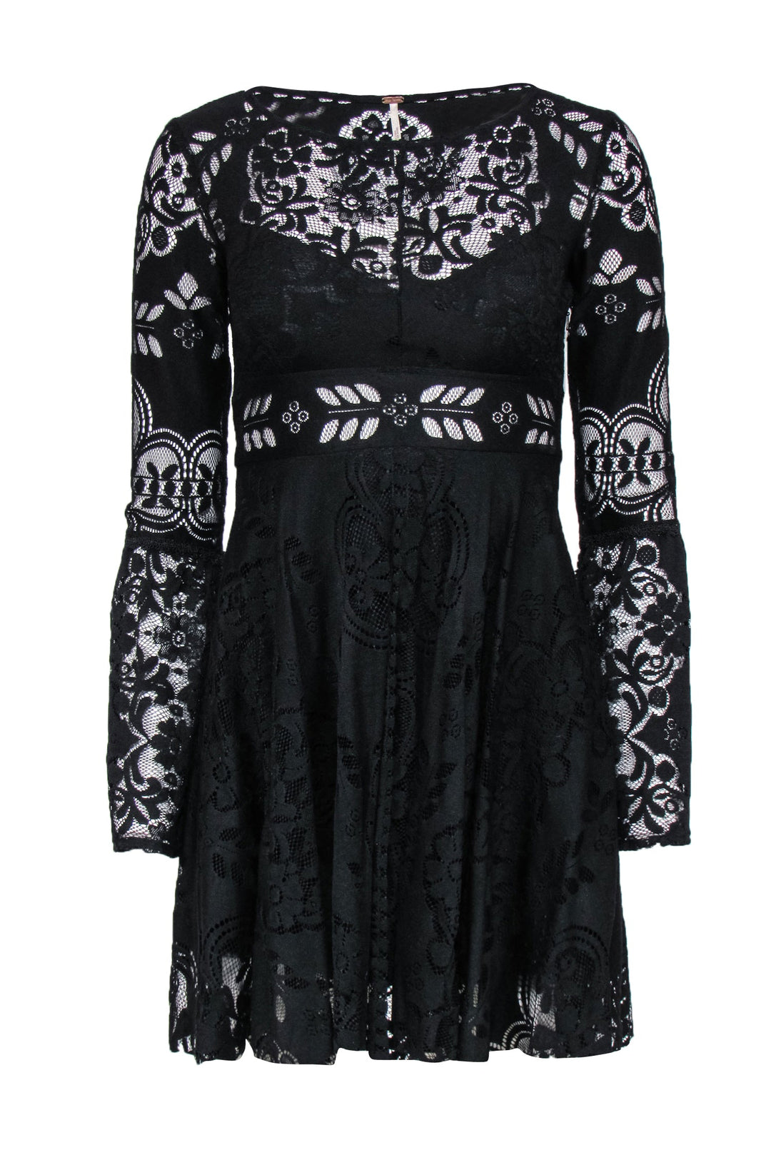 Free People - Black Lace Bell Sleeve Fit & Flare Dress Sz 0 Free People - Black Lace Bell Sleeve Fit & Flare Dress Sz 0