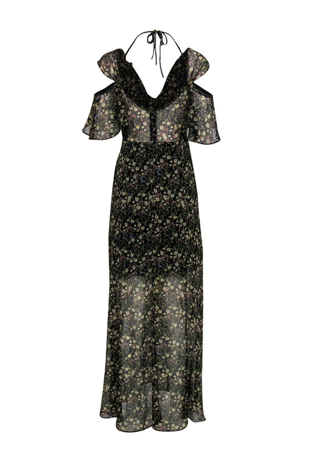 French Connection - Black Floral Sheer Ruffle Maxi Dress Sz 2 French Connection - Black Floral Sheer Ruffle Maxi Dress Sz 2