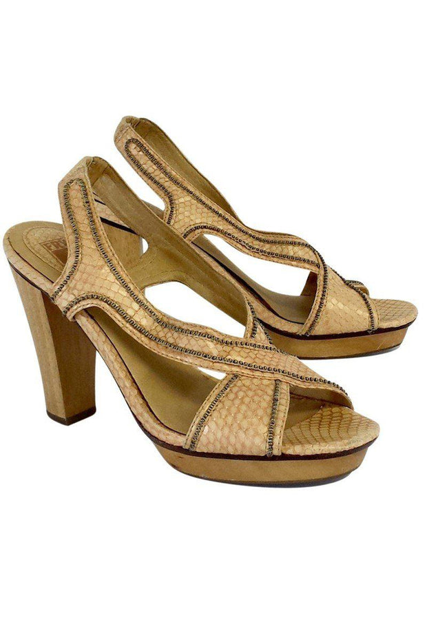 Current Boutique-Frye - Tan Snakeskin Leather Beaded Heels Sz 7.5