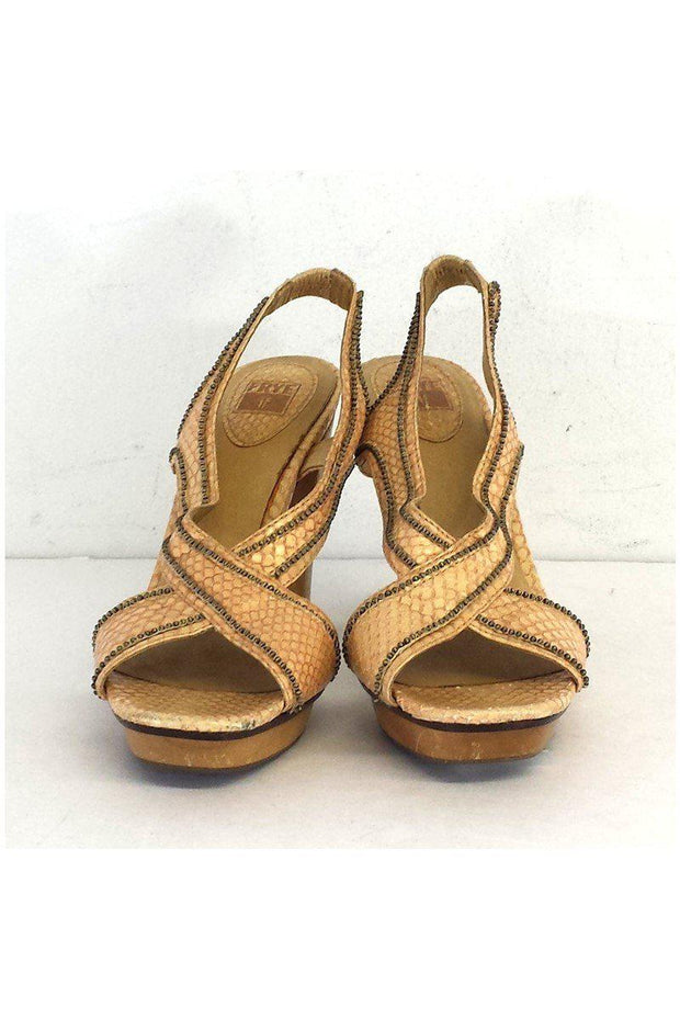 Current Boutique-Frye - Tan Snakeskin Leather Beaded Heels Sz 7.5