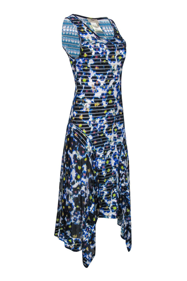 Fuzzi - Blue Floral Ruffle Hem Dress w/ Mesh Sz M Fuzzi - Blue Floral Ruffle Hem Dress w/ Mesh Sz M