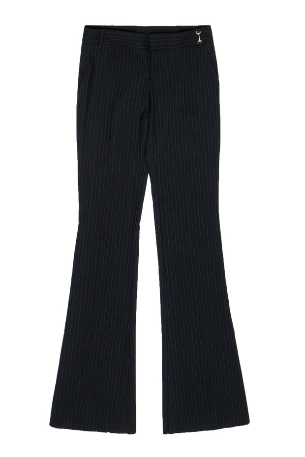 Current Boutique-Gucci - Black Pinstriped Wool Straight Leg Pants w/ Horsebit Detail Sz 0