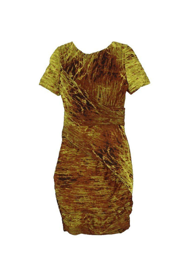 Halston Heritage - Yellow & Orange Patterned Ruched Dress Sz 0 Halston Heritage - Yellow & Orange Patterned Ruched Dress Sz 0